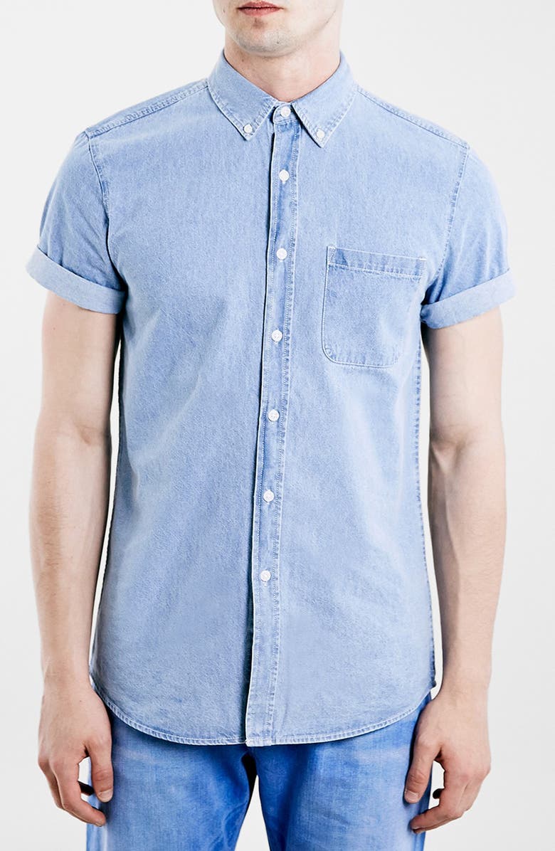Topman Slim Fit Short Sleeve Washed Denim Shirt, Main, color,