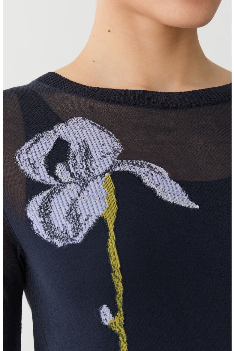 Iris Intarsia Short Sleeve Finespun Voile Sweater, Alternate, color, INK MULTI