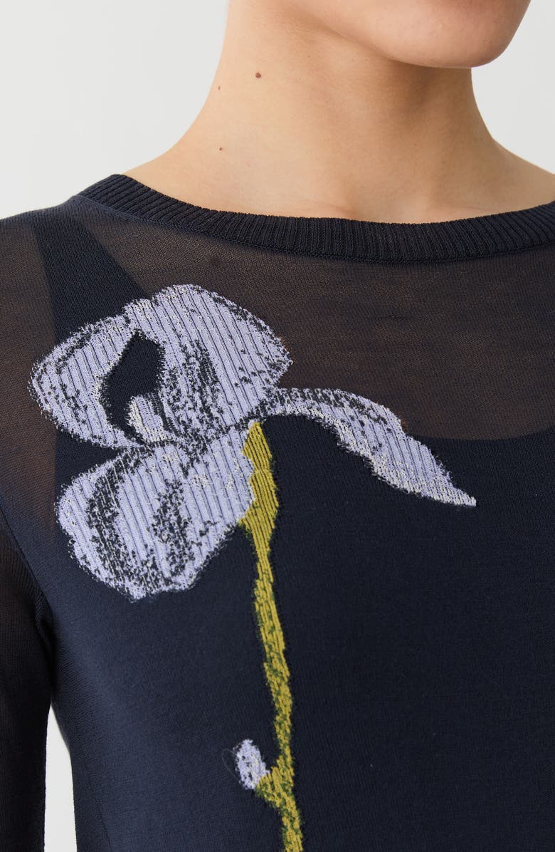 Lafayette 148 New York Iris Intarsia Short Sleeve Finespun Voile Sweater, Alternate, color, Ink Multi