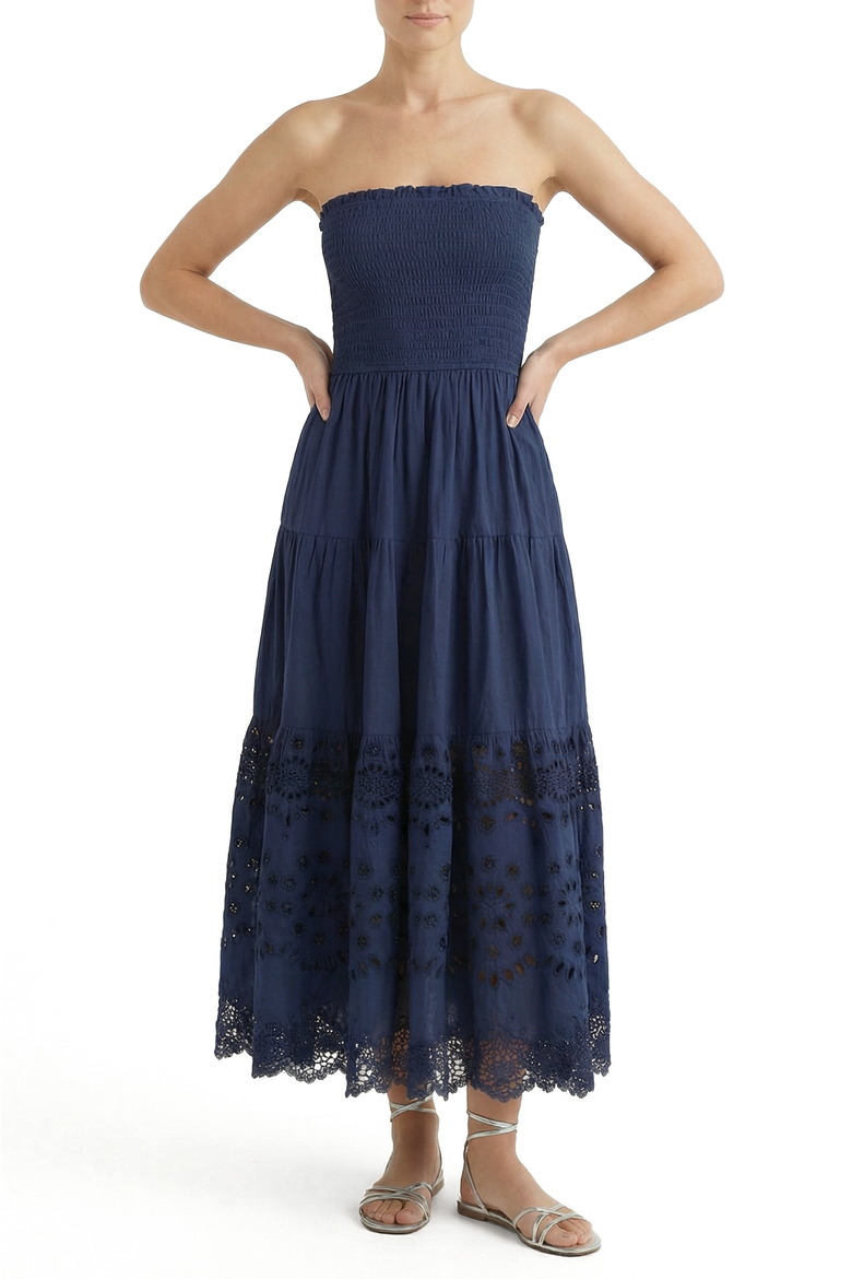 Kristen Sleeveless Smocked Eyelet Midi Dress, Alternate, color, Navy Calypso Eyelet