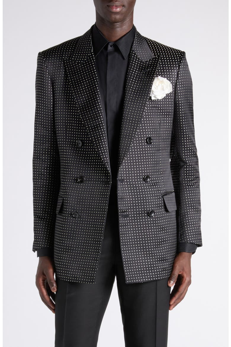 Polka Dot Jacquard Duchesse Mulberry Silk Double Breasted Jacket, Main, color, NNL COMBO BLACK/ IVORY