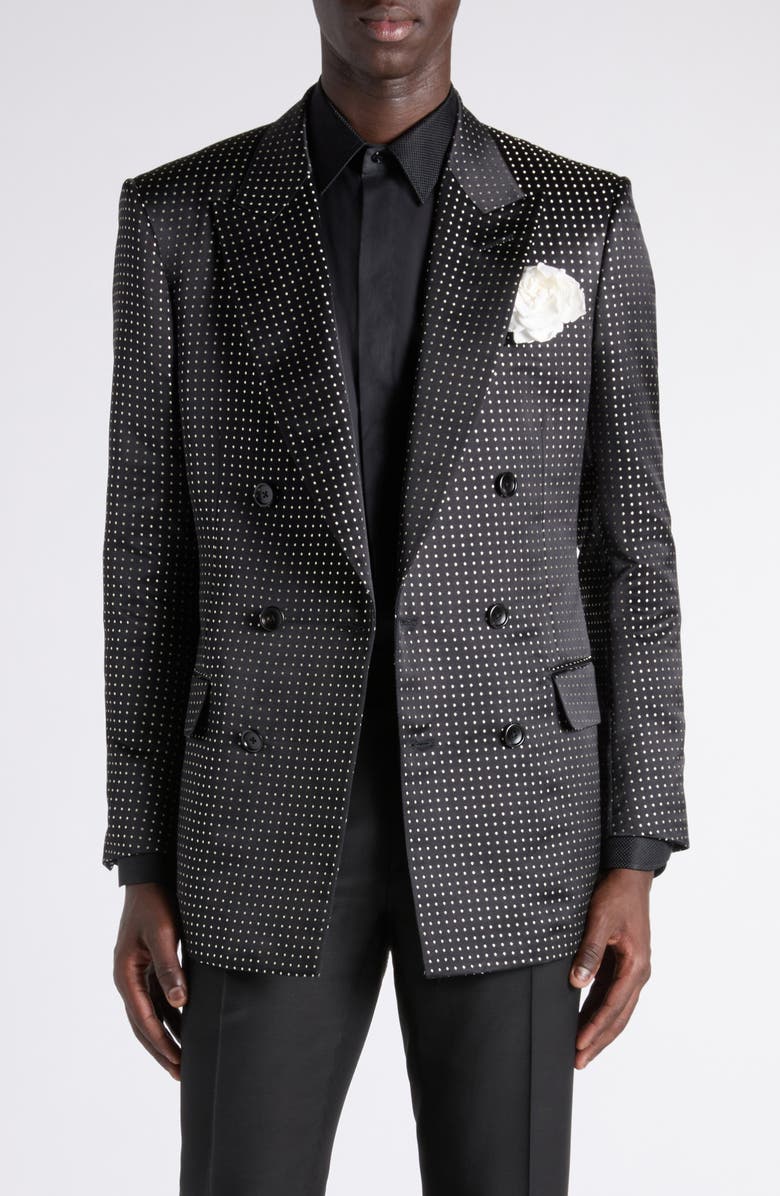 TOM FORD Polka Dot Jacquard Duchesse Mulberry Silk Double Breasted Jacket, Main, color, Nnl Combo Black/ Ivory