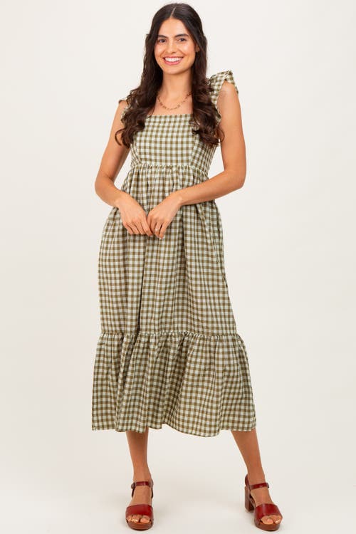 PinkBlush Gingham Ruffle Strap Midi Dress in Olive Green at Nordstrom, Size Small