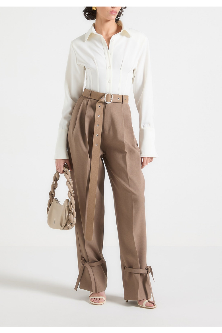 Suzanne Wide Leg Trousers With Belt And Tie Ankle Detail, Main, color, Taupe