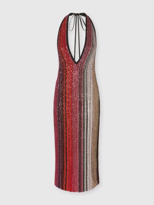 Shop Missoni Striped Partialized Midi Dress With Sequins And V-neck In Black & Red