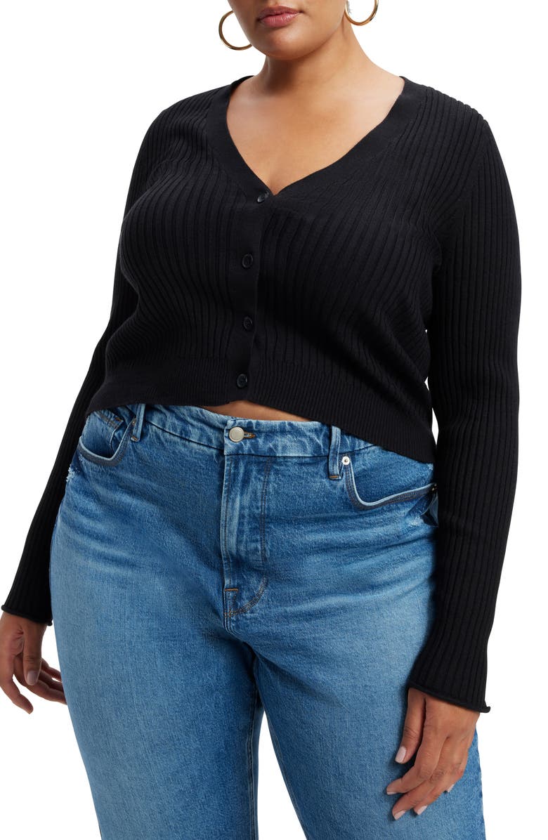 Good American Cozy Rib Crop Cardigan, Alternate, color, Black001