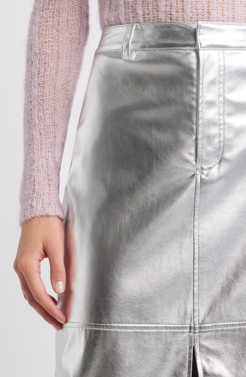 Open Edit Metallic Faux Leather Midi Skirt In Silver Metallic