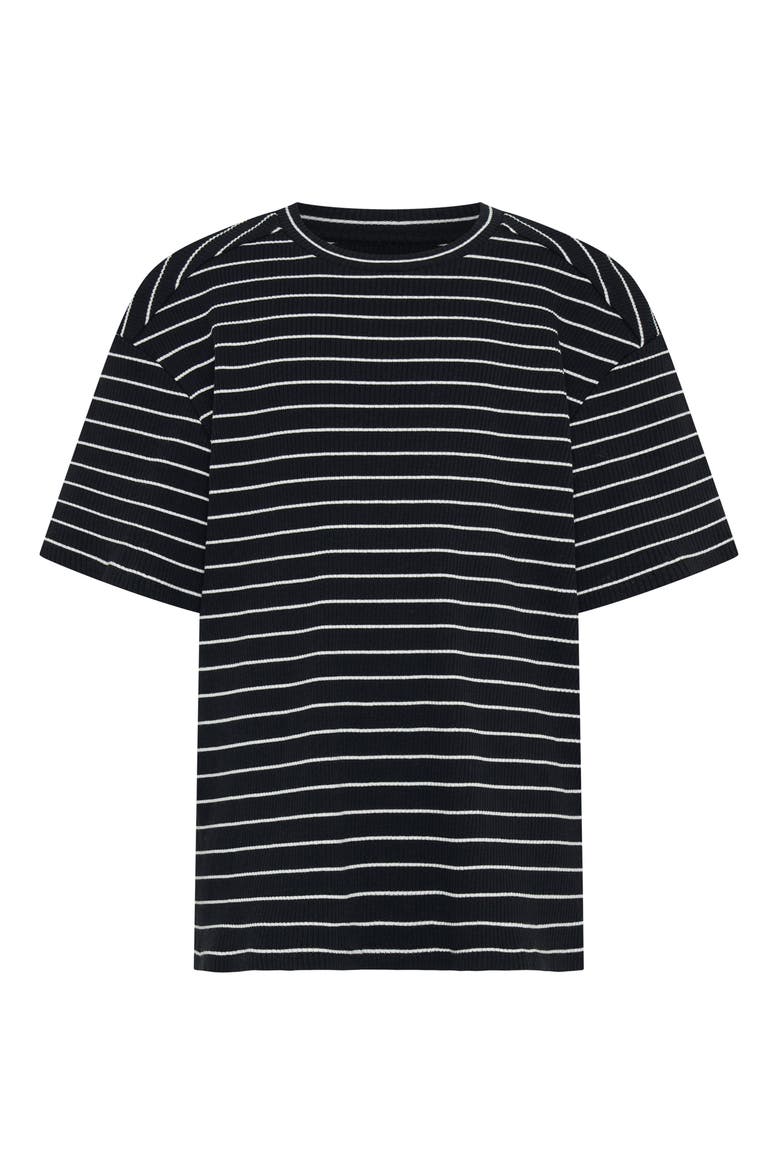 Kids' Stripe Rib Stretch Cotton T-Shirt, Main, color, BLACK