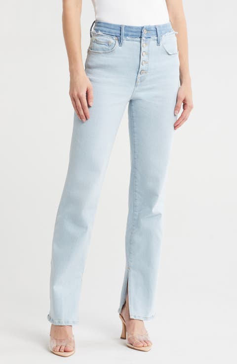 Double Waist Button Fly Split Hem Jeans (Regular & Plus)