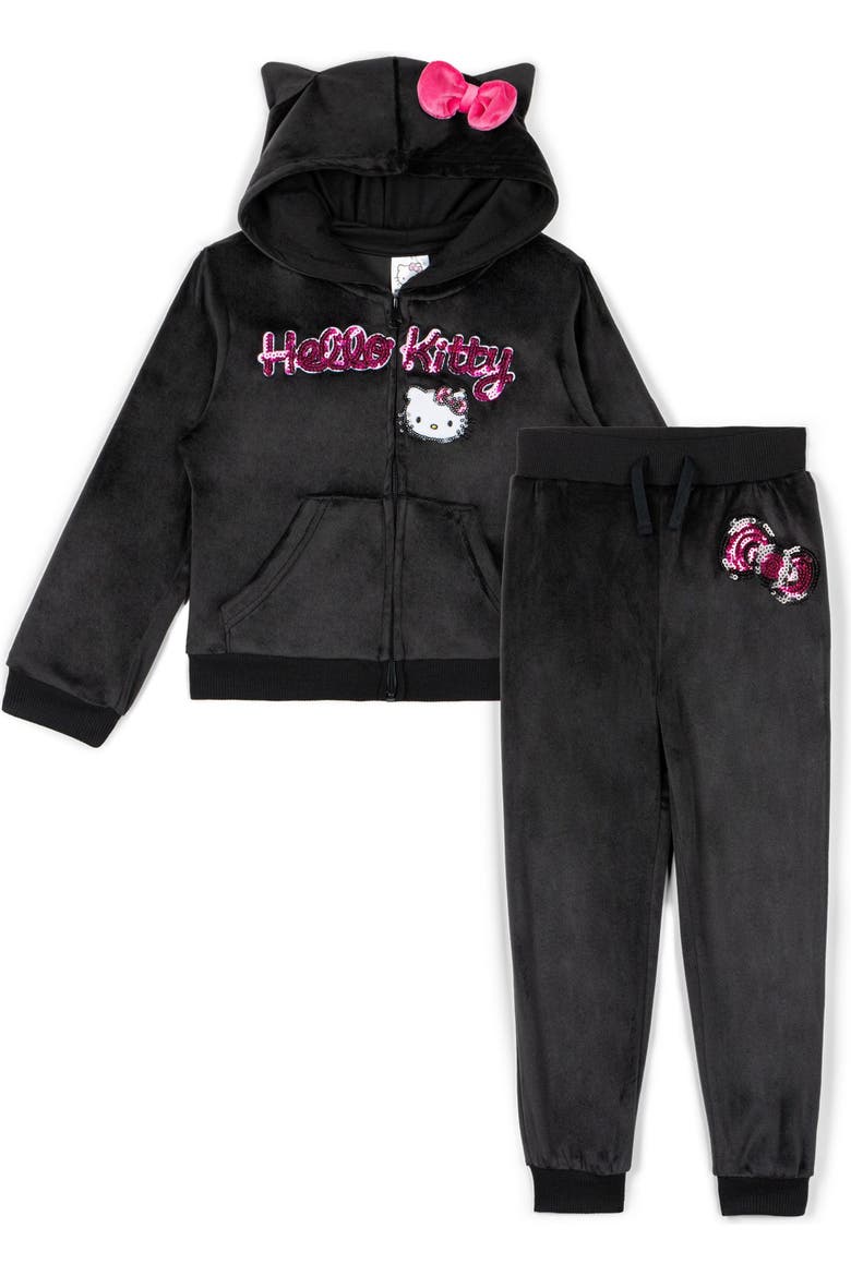 Velour Hoodie and Pants Set, Main, color, Hello Kitty Black