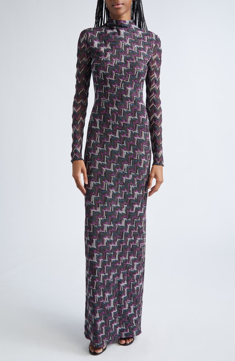 Missoni Chevron Stripe Long Sleeve Metallic Knit Dress, Alternate, color, Black And Violet