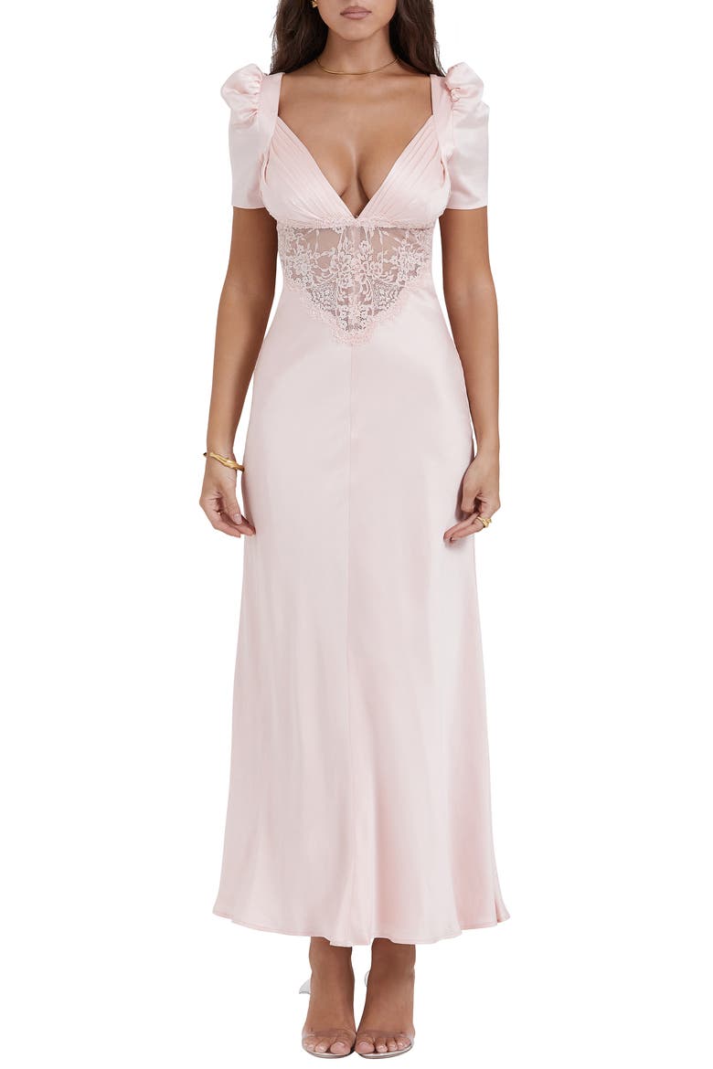 Rafaela Lace Inset Silk Blend Cocktail Dress, Main, color, SOFT PEACH