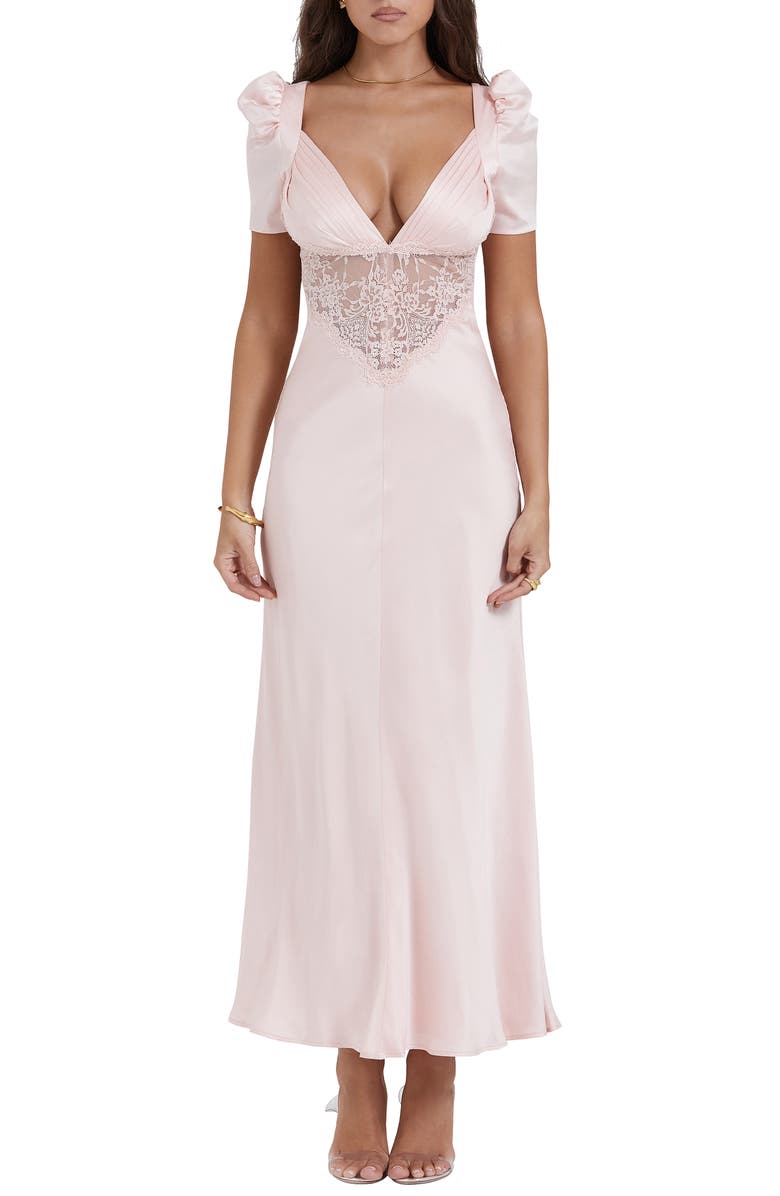 HOUSE OF CB Rafaela Lace Inset Silk Blend Cocktail Dress, Main, color, Soft Peach