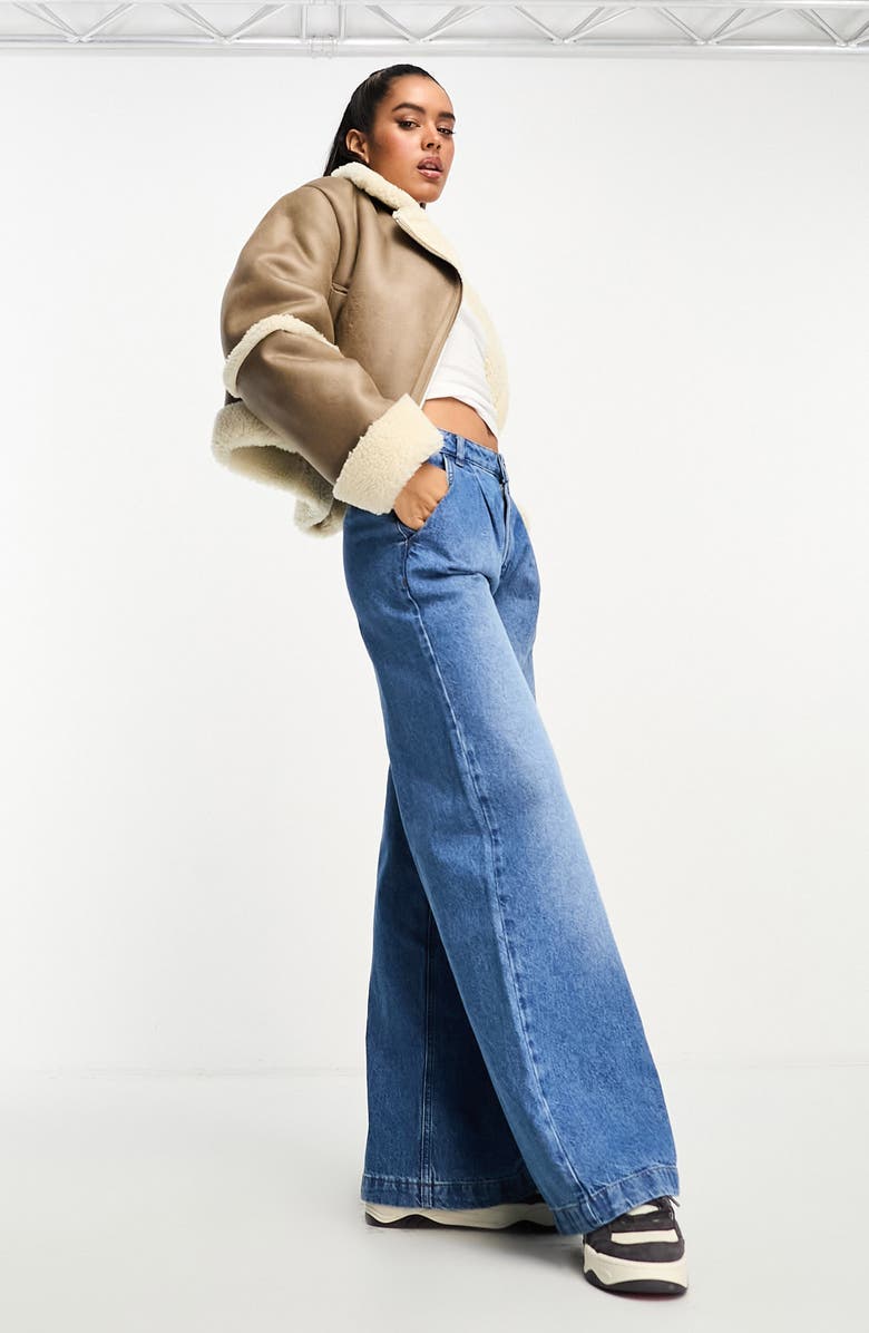 ASOS DESIGN Faux Leather & Faux Shearling Aviator Jacket, Alternate, color, Brown