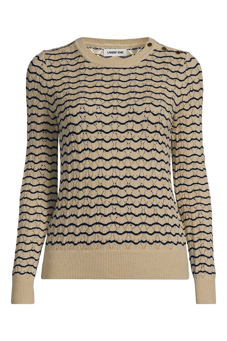 Plus Size Cotton Viscose Button Shoulder Modern Crew Sweater, Alternate, color, Champagne/Navy Stitch Stripe