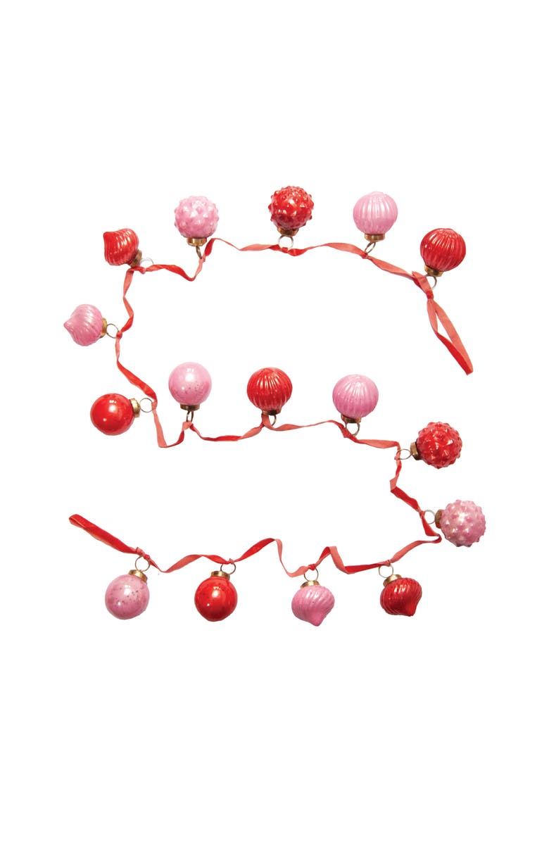 Storied Home Embossed Mercury Glass Ornament Garland with Velvet Ribbon, Pink and Red, Main, color, Pink