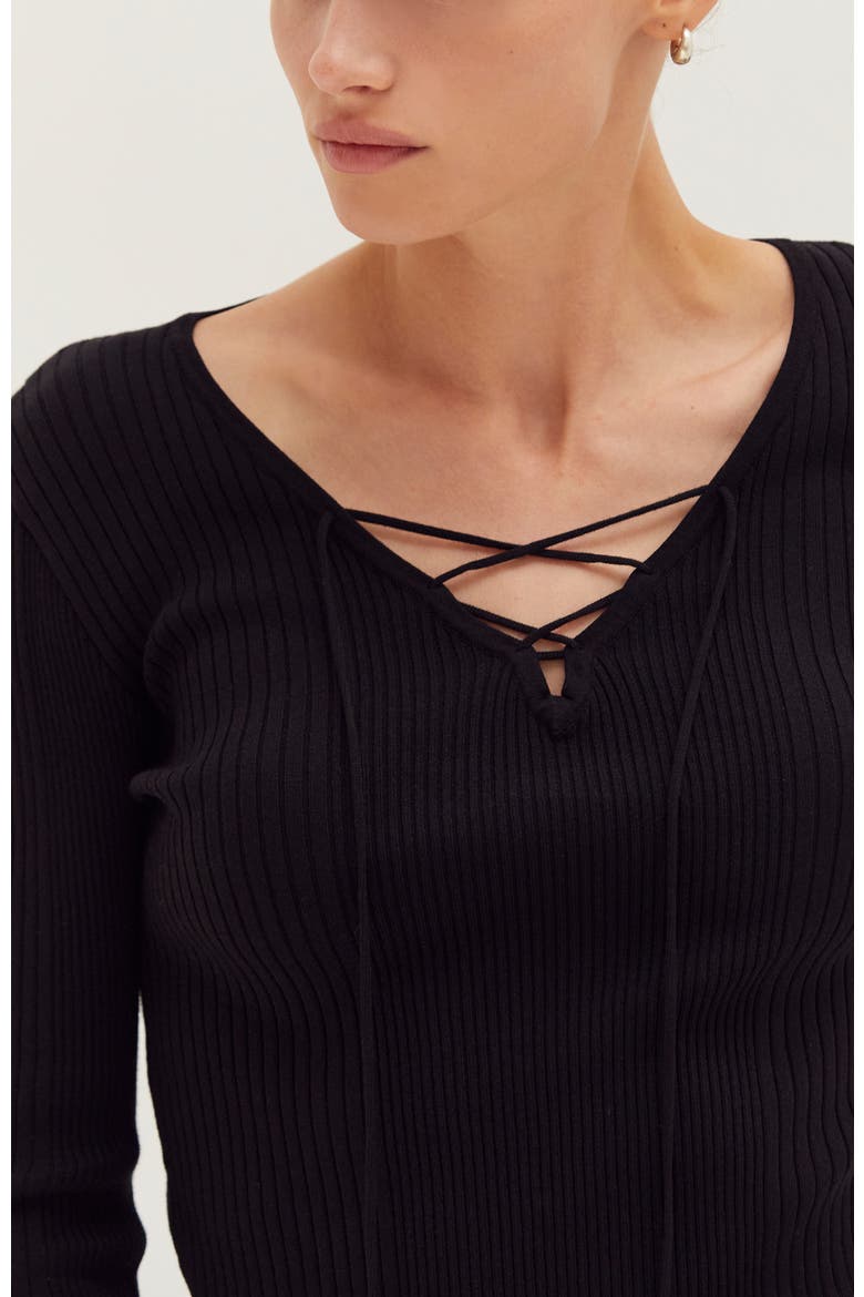 Lace Up Ribbed Knit Top, Alternate, color, Black