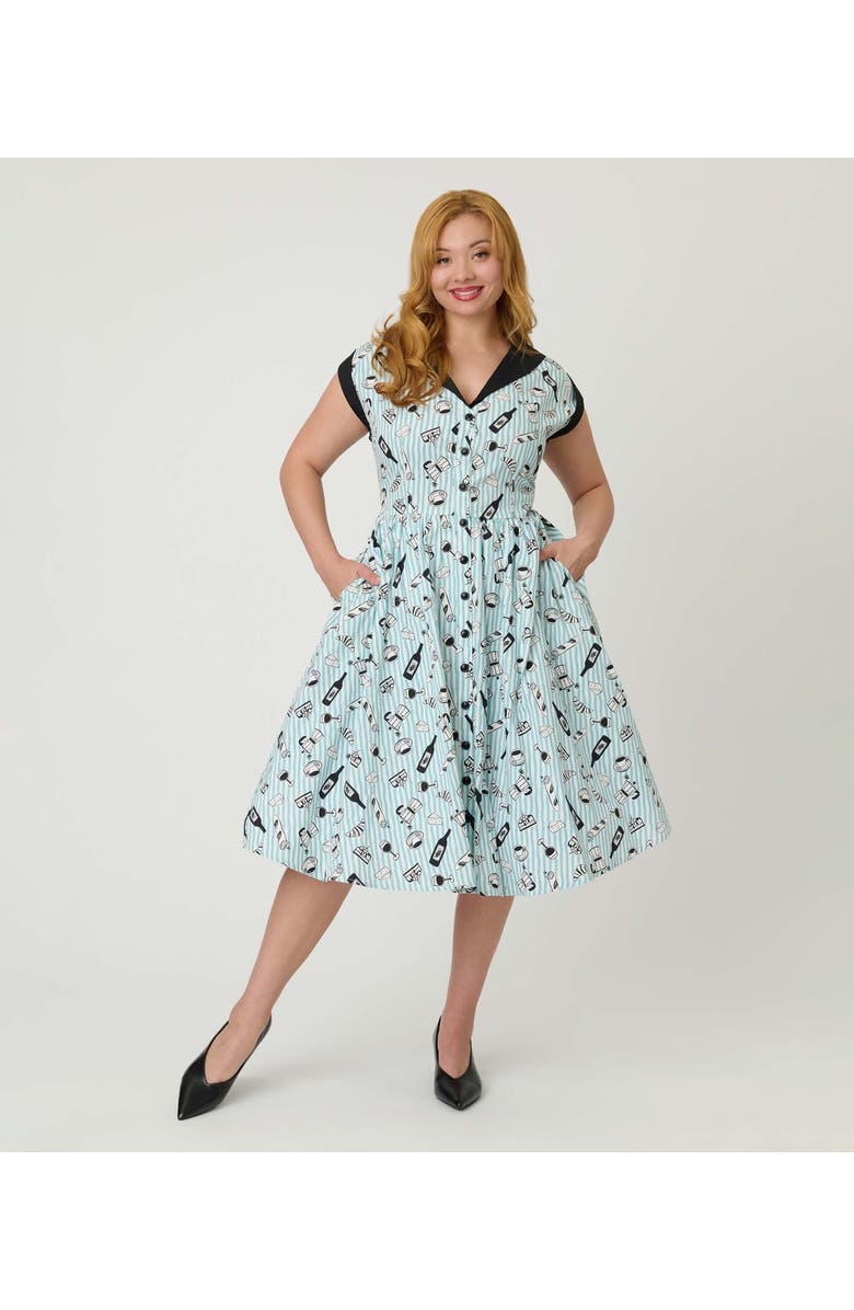 Unique Vintage Cafe Swing Dress, Alternate, color, Blue Striped Café Print