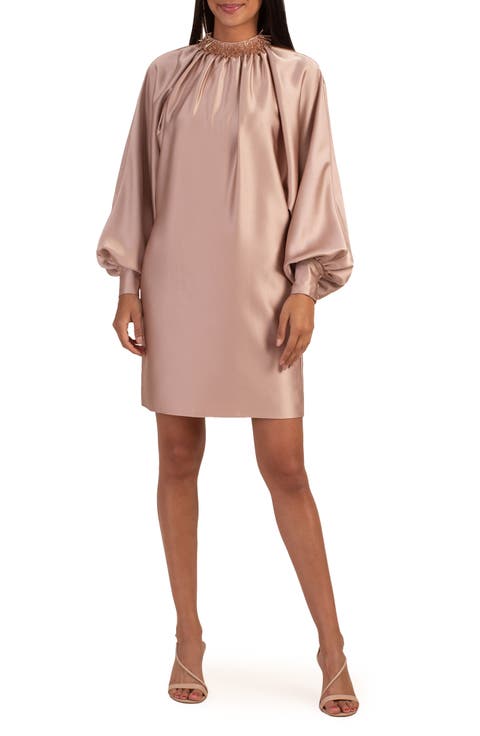 Terrestrial Beaded Collar Long Sleeve Shift Dress