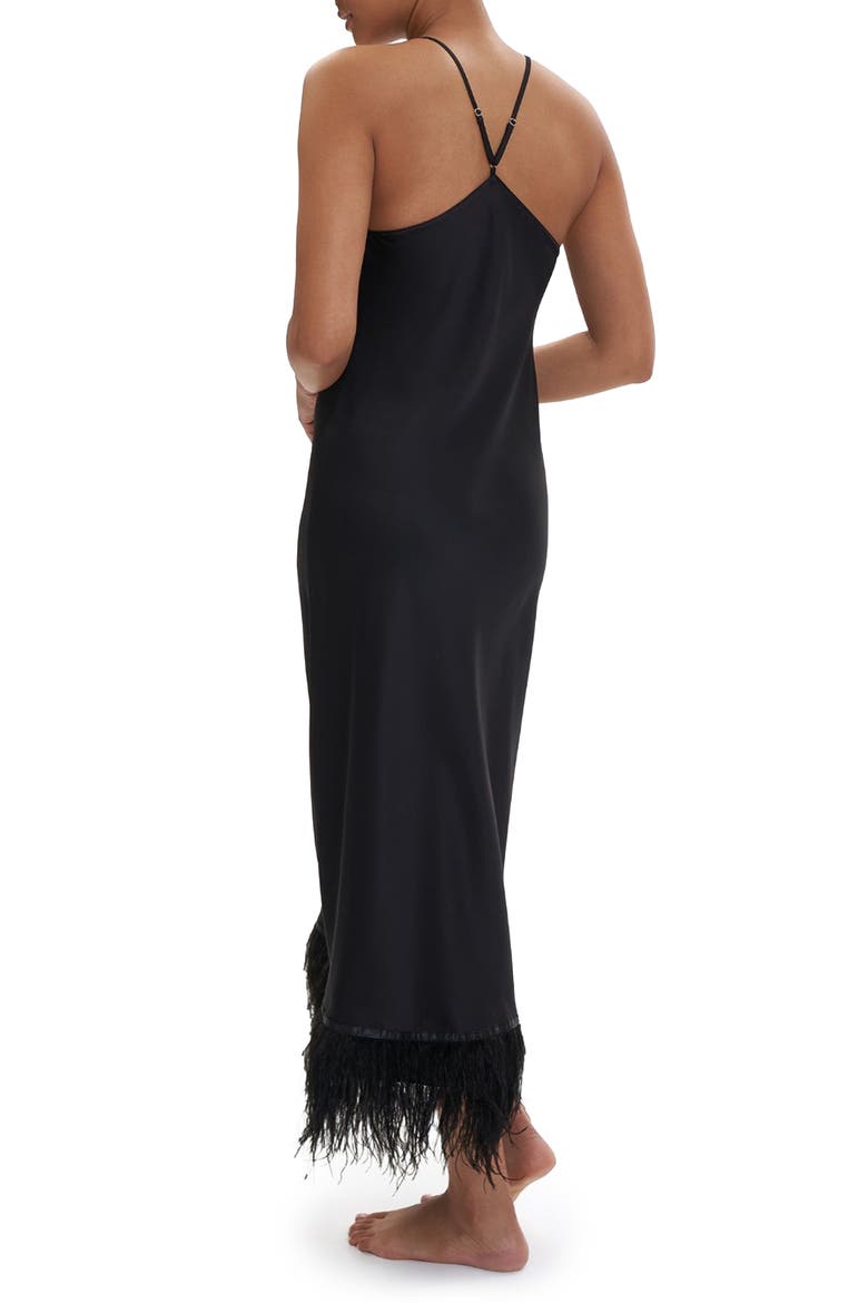 Swan Ostrich Feather Trim Charmeuse Nightgown, Alternate, color, BLACK