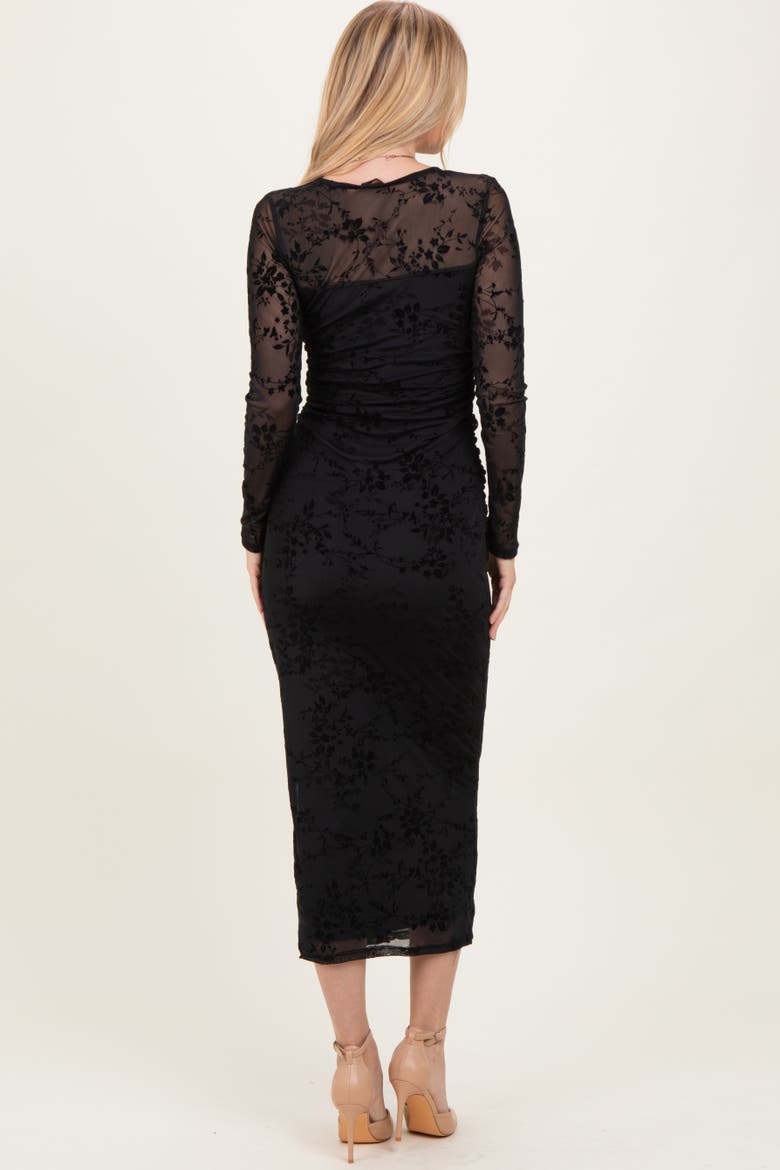 Floral Flocked Mesh Long Sleeve Midi Dress, Alternate, color, Black