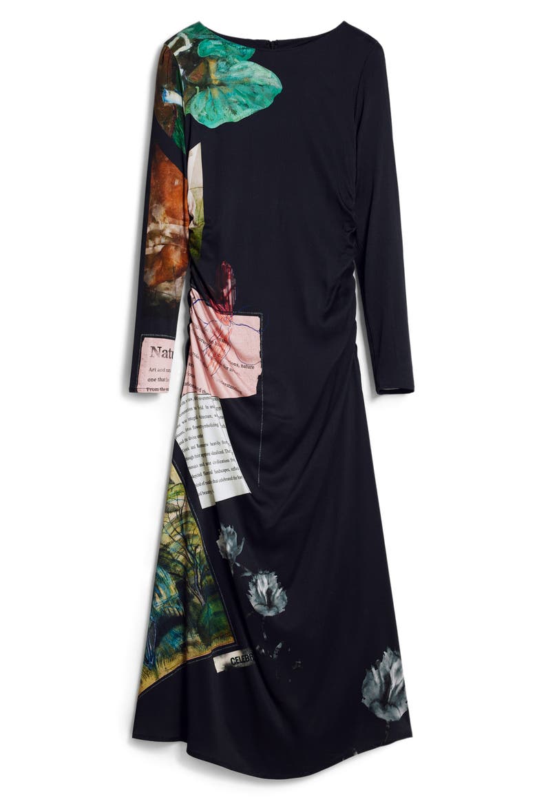 Mix Print Long Sleeve Midi Dress, Alternate, color, BLACK