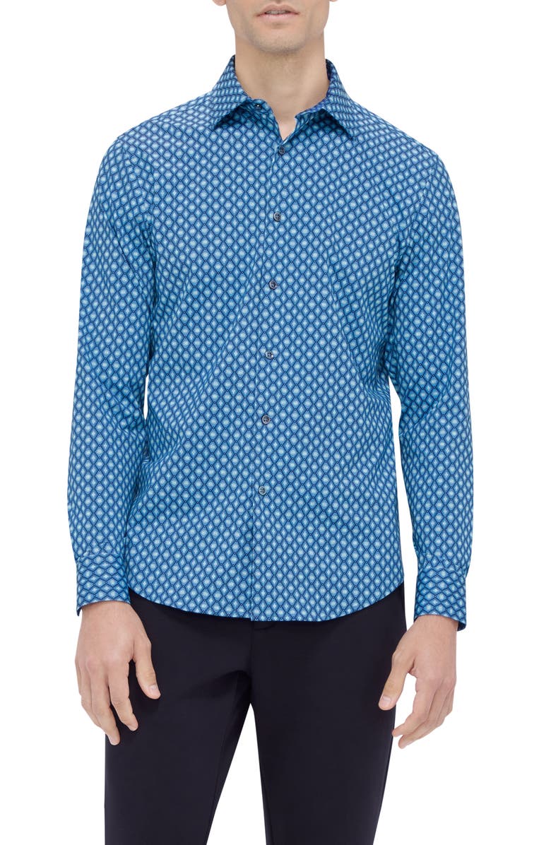 Bugatchi Jimmy OoohCotton<sup>®</sup> Geo Print Button-Up Shirt, Main, color, Teal