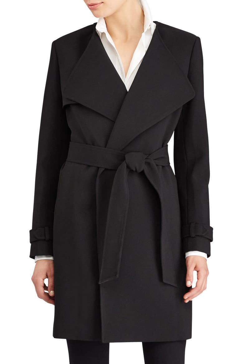 Flap Detail Crepe Wrap Coat, Main, color, BLACK