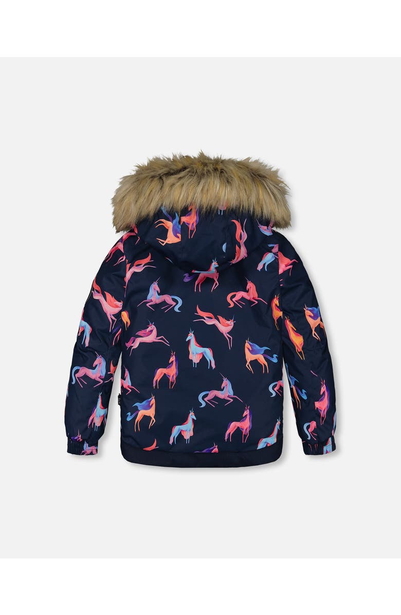 Deux par Deux Little Girl's Two Piece Snowsuit Navy Printed Unicorns And Coral, Alternate, color, 