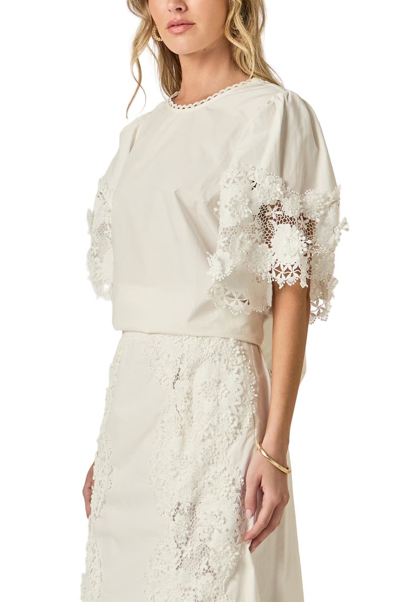 English Factory Open Stitch Puff Shoulder Top, Alternate, color, White