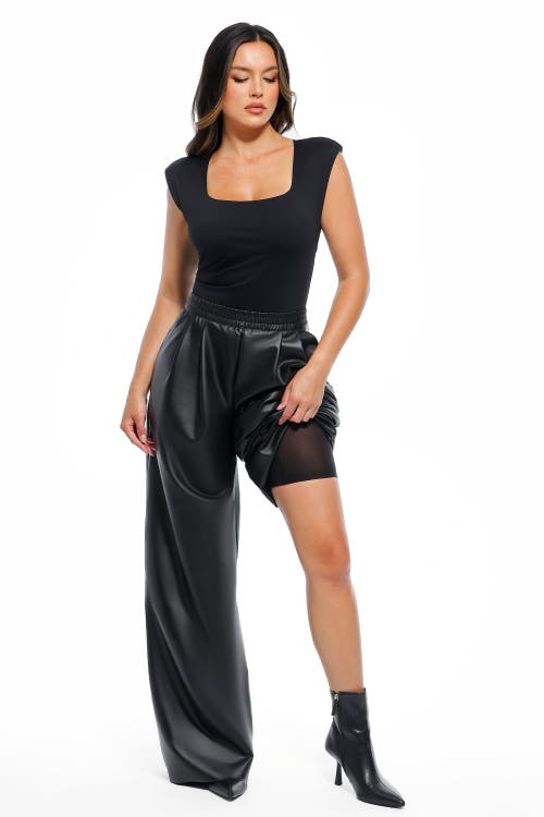 Popilush Faux Leather High Waisted Wide Leg Pants In Black
