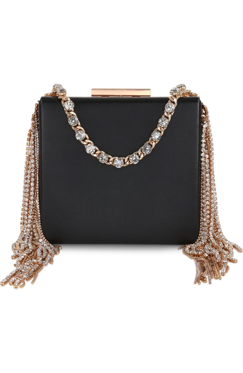 Jewel Badgley Mischka Ryker Leather Crystal Fringed Box Clutch, Main, color, Black