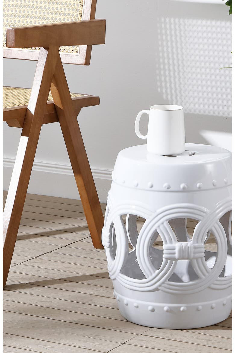 Lucky Coins Contemporary Ceramic Cutout Interlocking Rings Drum Garden Stool, Indoor & Outdoor Accent Side Table, Seat, Alternate, color, White