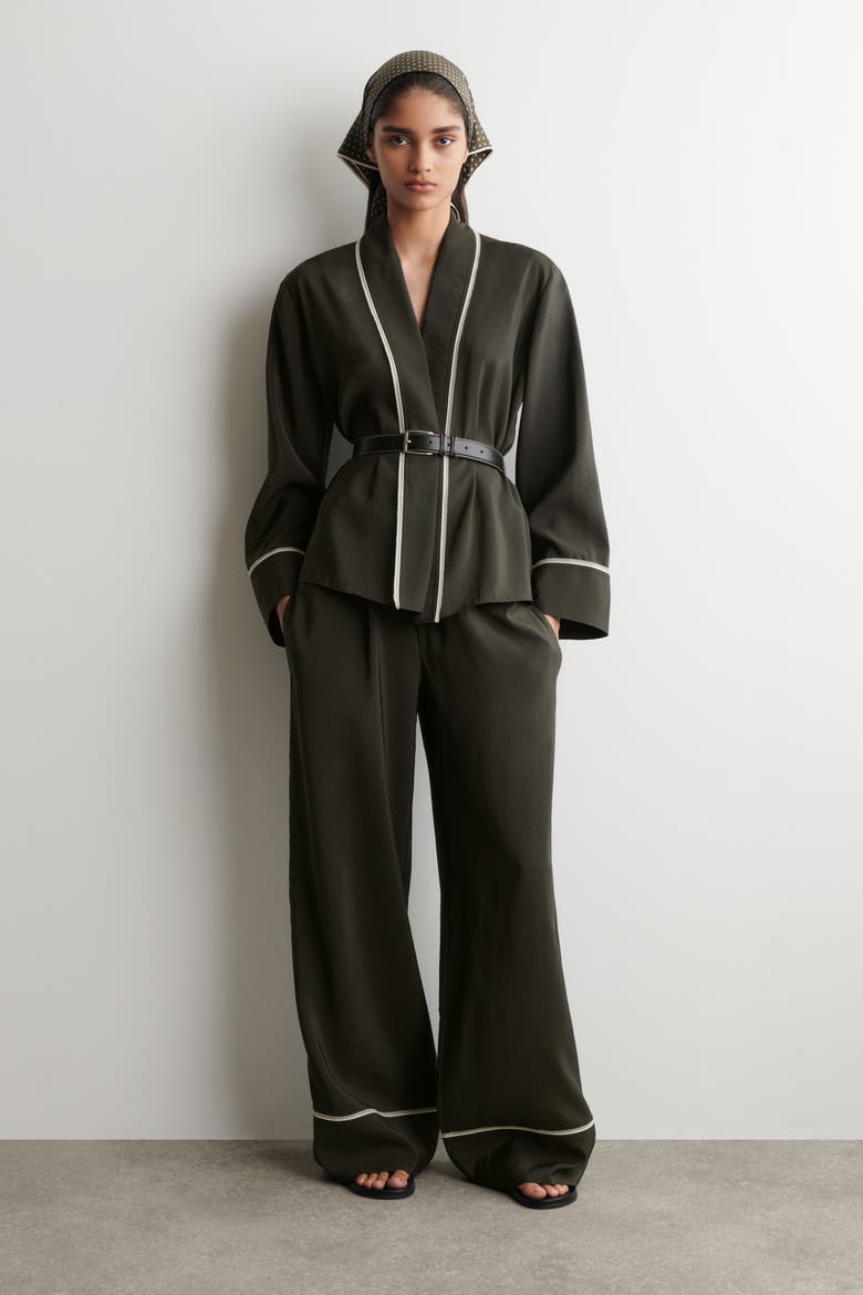 Contrast-piped Belted Wrap Top, Alternate, color, DARK GREEN