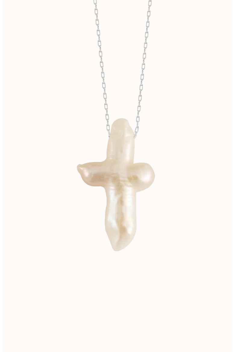 Pearl Cross Necklace, Alternate, color, Pearl / Silver