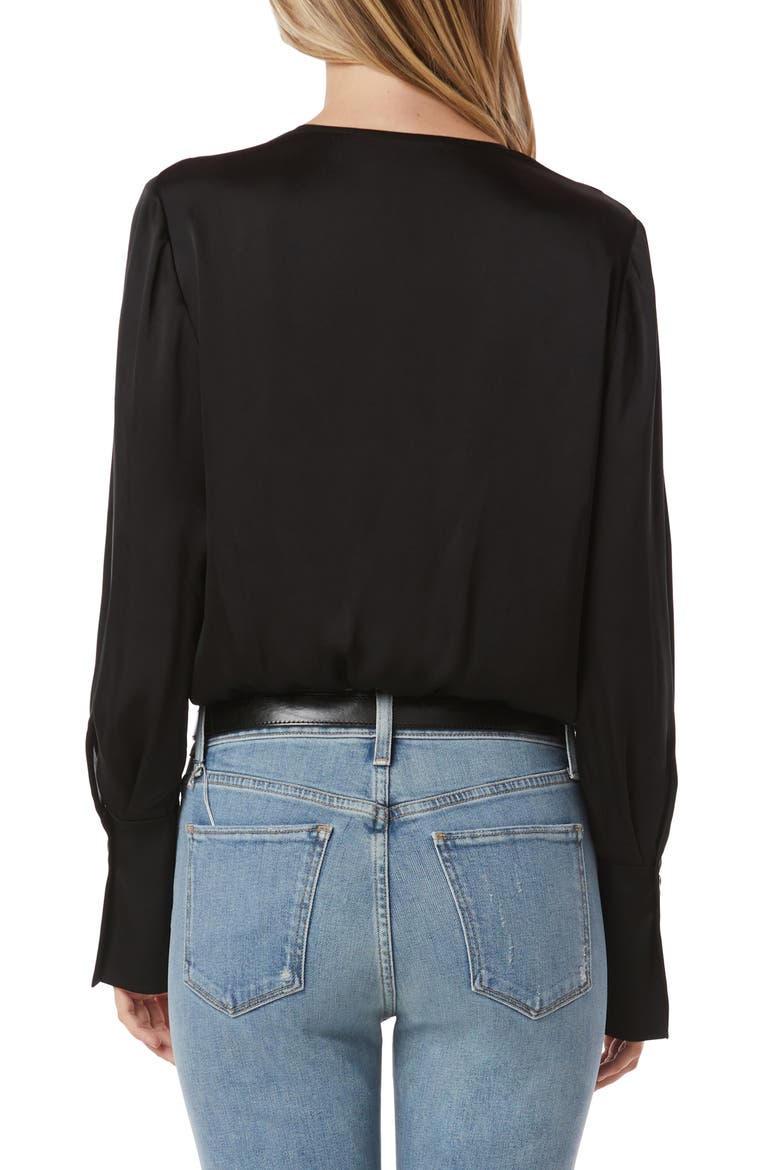 Surplice Long Sleeve Satin Bodysuit, Alternate, color, BLACK