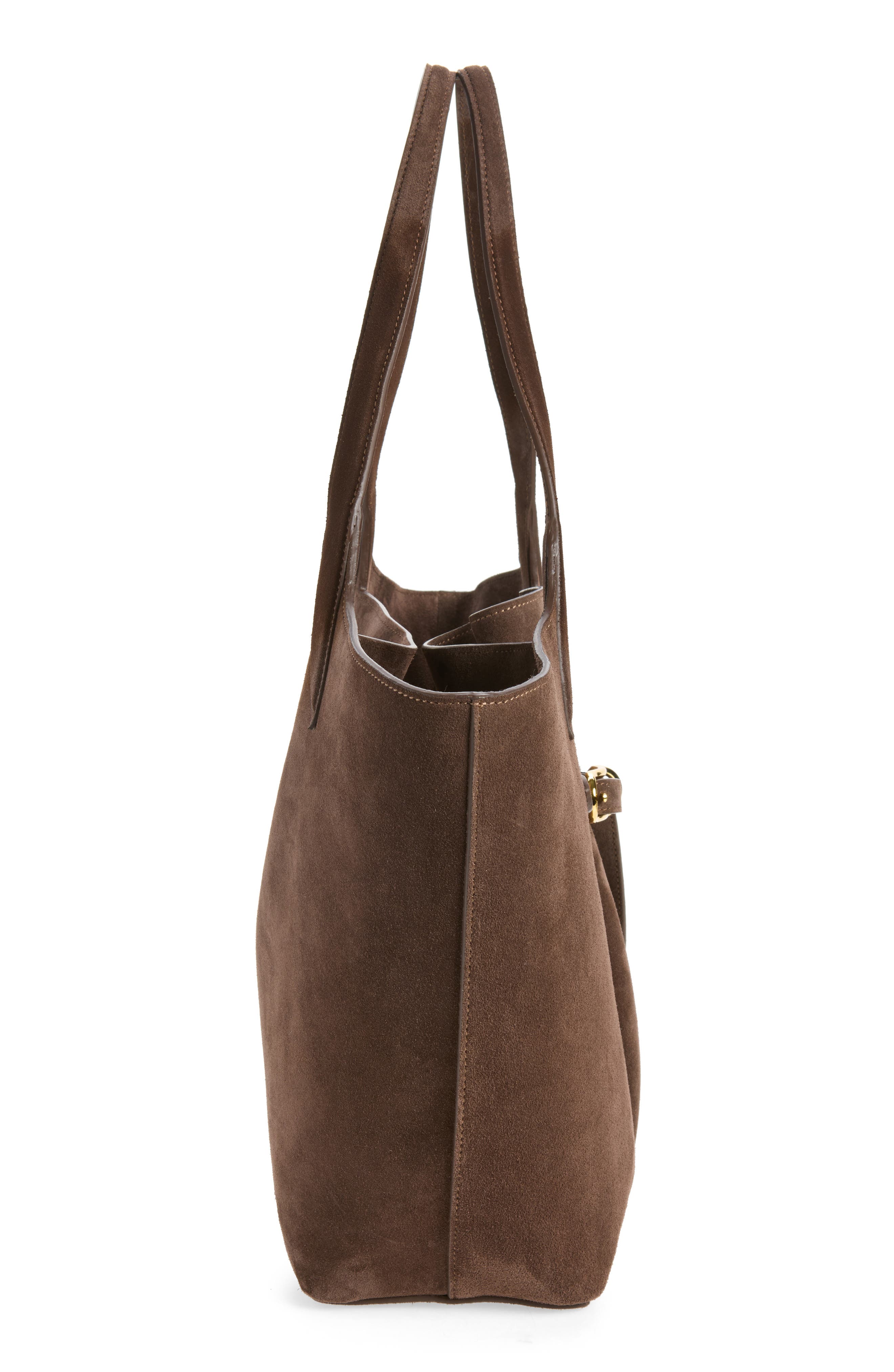 Belted Suede Tote, Alternate, color, DARK BROWN