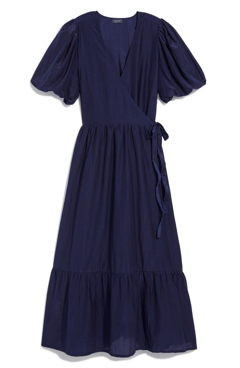 vineyard vines Puff Sleeve Cotton & Silk Midi Wrap Dress, Alternate, color, 