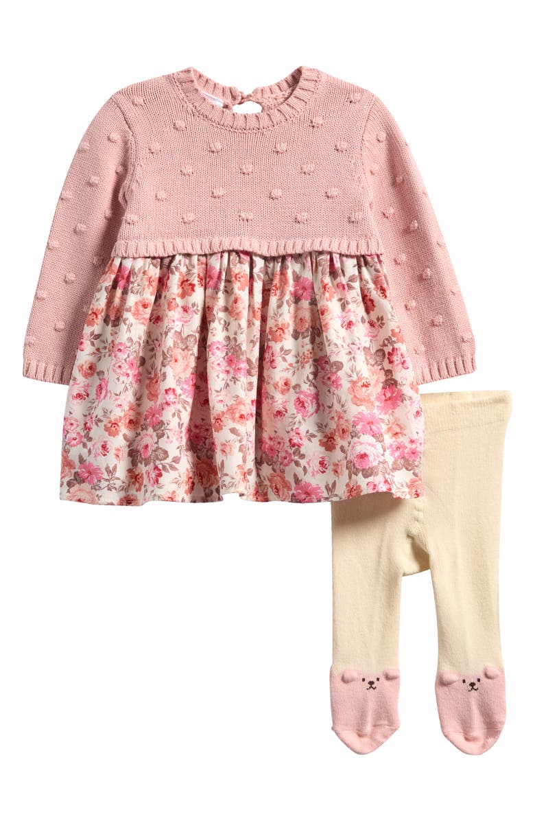 Iris & Ivy Long Sleeve Popcorn Knit Dress & Footed Leggings Set, Main, color, Rose
