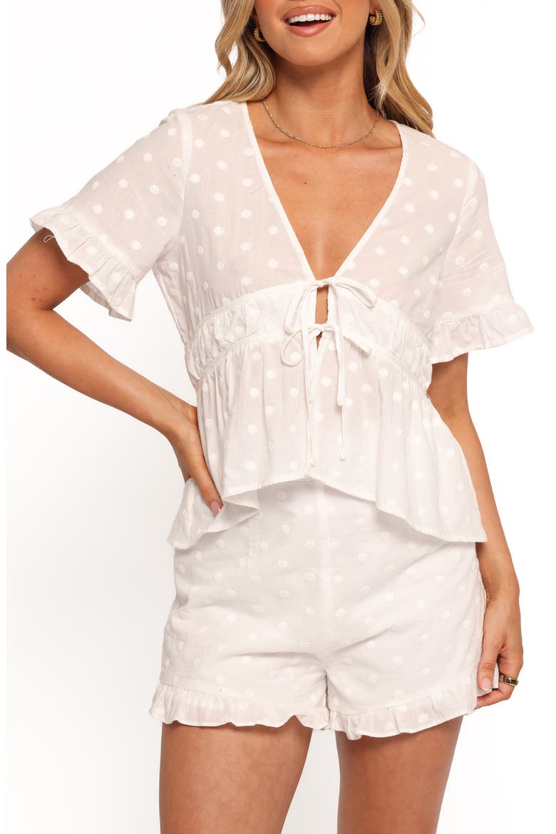 Carlen Clip Dot Tie Front Cotton Shorts, Alternate, color, WHITE