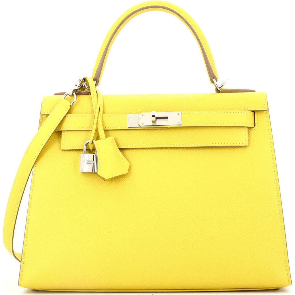 Pre-owned Hermes Hermes Kelly Handbag Yellow Epsom With Palladium Hardware 28 In Green