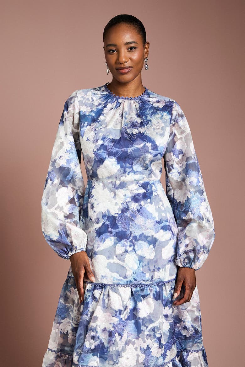Printed Volume Fit And Flare Dress, Alternate, color, Navy
