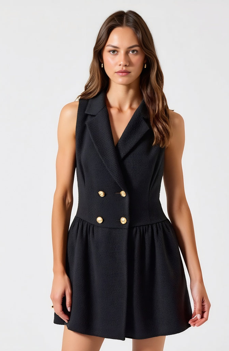 Modenaire Sleeveless Blazer Dress with Double-Breasted Boucle Tweed and Flared Hem, Main, color, Black
