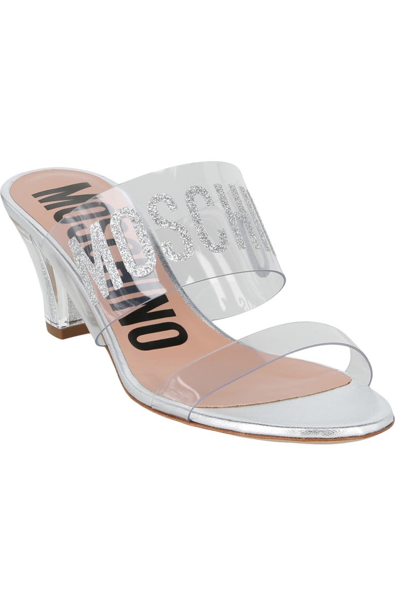 Moschino Glitter Logo Slide Sandal, Main, color, Transparent Silver