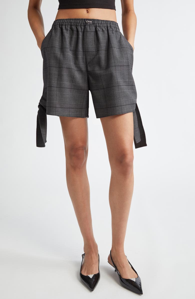 Coperni Plaid Knot Detail Stretch Wool Pull-On Shorts, Main, color, Grey
