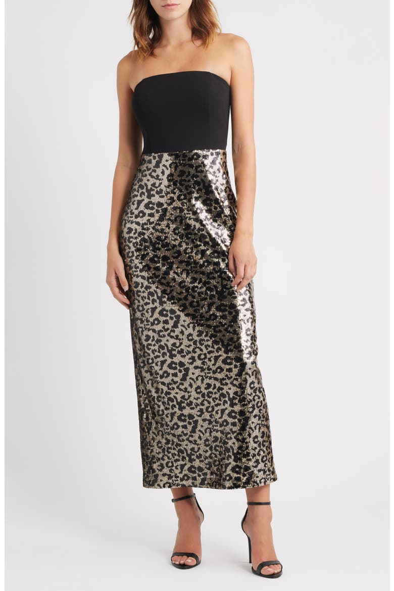 Mixed Media Strapless Leopard Sequin Gown, Main, color, BLACK GOLD