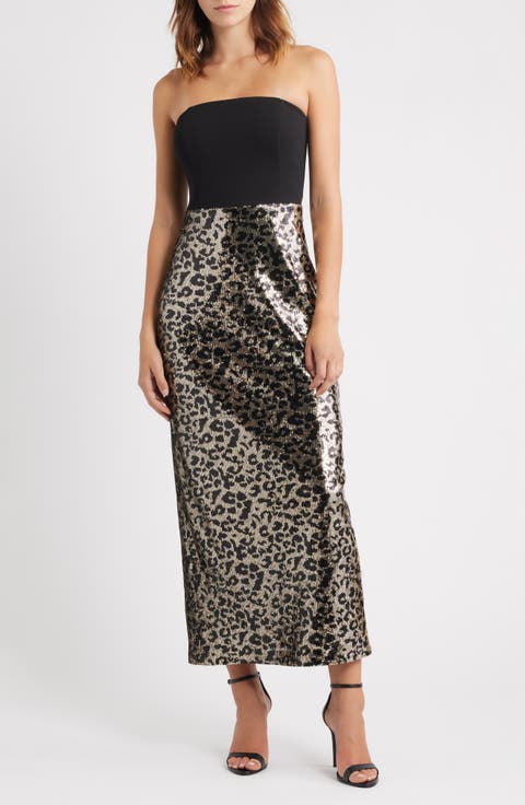 Mixed Media Strapless Leopard Sequin Gown