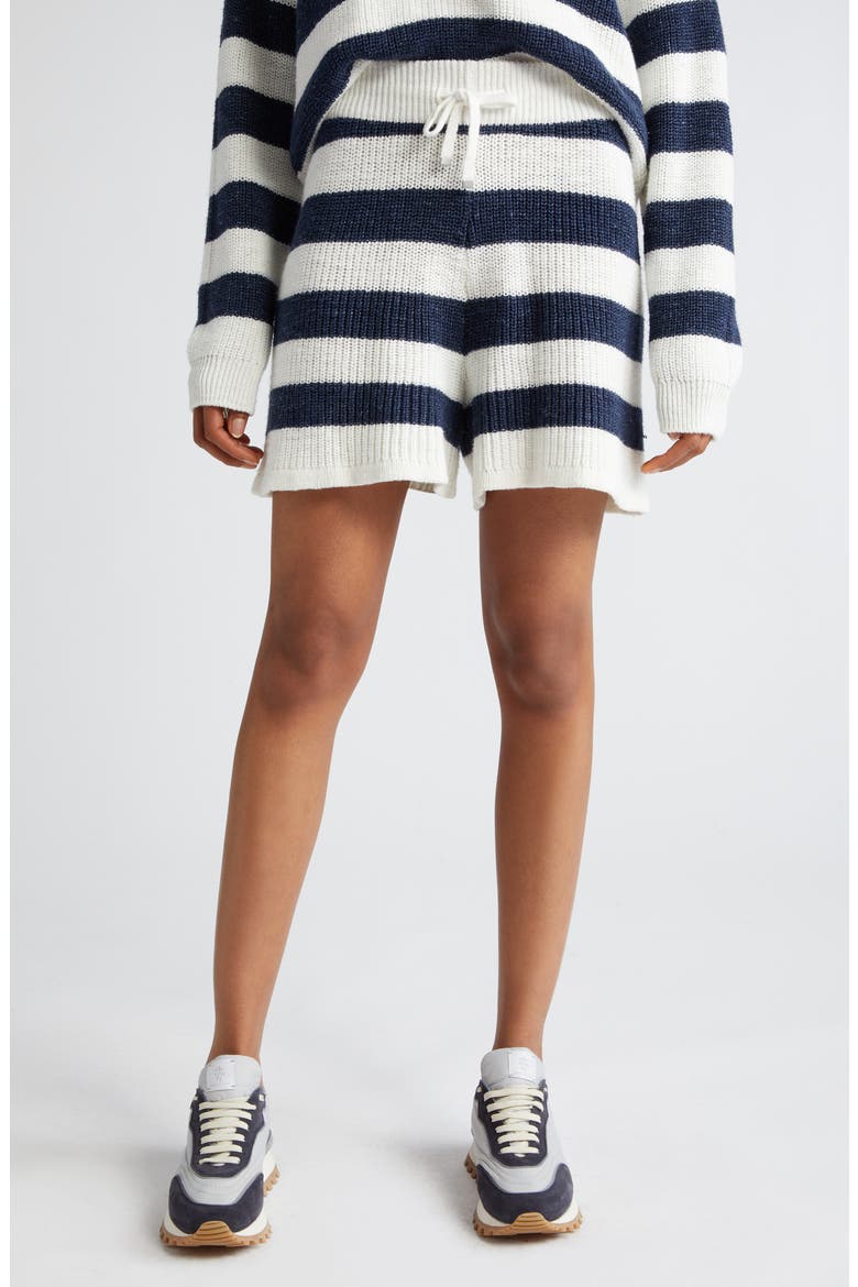 Stripe Cotton & Linen Blend Drawstring Sweater Shorts, Main, color, WHITE AND NAVY