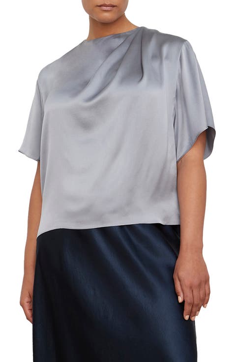 Drape Neck Flutter Sleeve Silk Top (Plus)