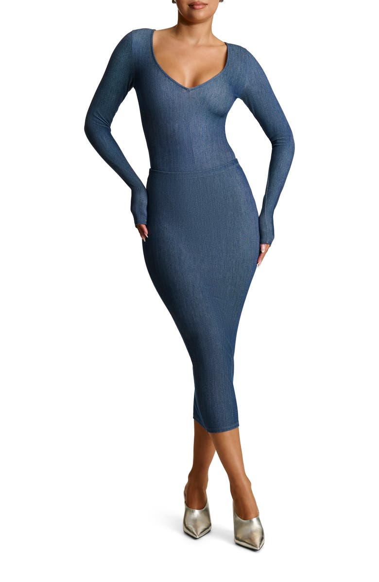 Naked Wardrobe The V Denim Bodysuit, Alternate, color, Denim